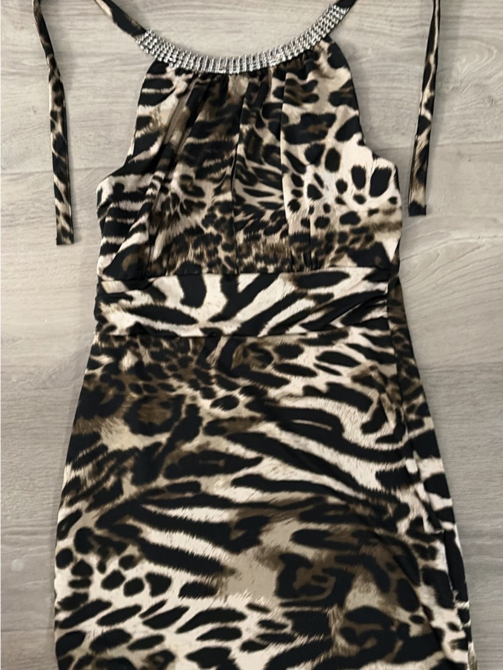 VENUS Animal Print Halter Dress with Embellished Neckline - Black, Brown, Cream
